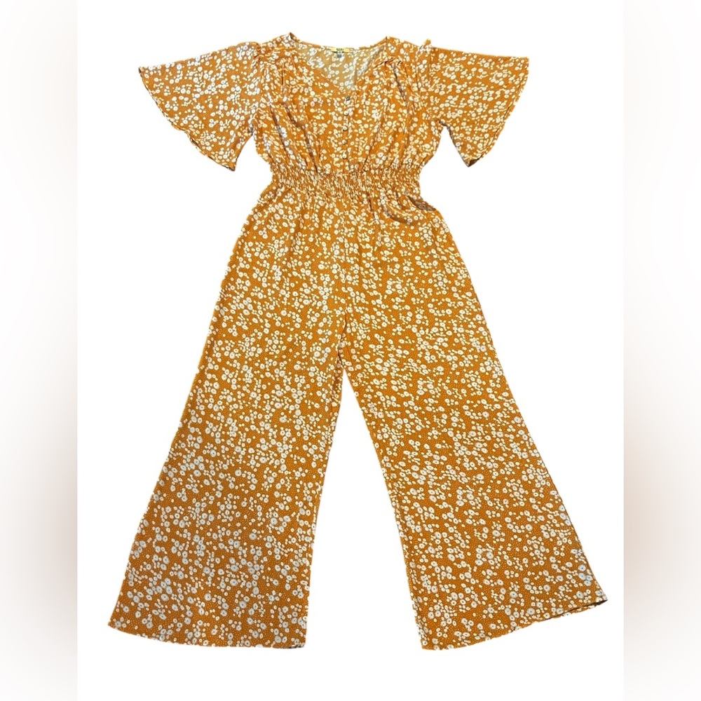 Kori Mustard Yellow Floral Wide-Leg Jumpsuit with Flutter Sleeves – Size Small